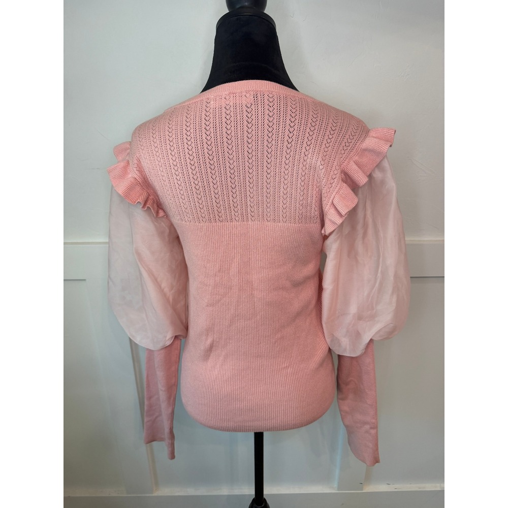 Anthropologie Pink Ruffle Sheer Puff Sleeve Pointelle Ribbed Knit Top Medium - Picture 3 of 7